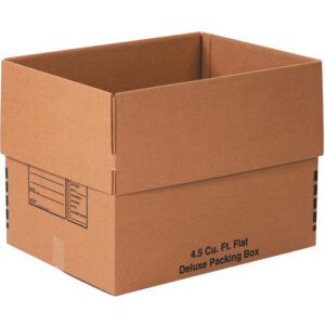 A large open flat brown cardboard box from MH-USA 24 x 18 x 18 Deluxe Packing Boxes (10/Bundle) with label 4.5 Cu. Ft. Flat Deluxe Packing Box sits against a plain white background, featuring checkboxes and lines for labeling on its side.