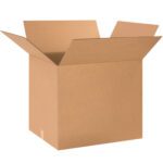 An open MH-USA 24 x 18 x 20 corrugated box from the 15/Bundle collection, with flaps extended outward on a plain white background, highlighting its sturdy construction.
