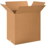 An open MH-USA 24 x 18 x 24 corrugated box with extended flaps shows its sturdy design, ideal for various storage needs; sold as a bundle of 10 plain brown boxes.
