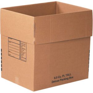 An open MH-USA 24 x 18 x 24 Deluxe Packing Box with upright flaps displays printed forms and the text 6.0 CU. FT. TALL Deluxe Packing Box on the side, indicating its one of the boxes from a bundle of 10.