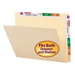 The Smead Conversion File Folder, Top and End Tab, Letter Size (24190) in Manila comes labeled with colored tabs FEB, A, C, and K. The tab shows Ackerman, Gregory and a sticker highlights its fit for both drawers and shelves. Ideal for letter-sized docs.