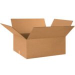 A light brown MH-USA 24 x 20 x 10 corrugated box, open and empty with four flaps unfolded, is shown against a plain white backdrop. This sturdy standard corrugated material box is sold in bundles of ten.