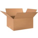 An MH-USA 24 x 20 x 12 corrugated box from the bundle of 10 stands with flaps extended outward against a white background, showcasing the versatility and durability of these boxes.