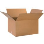 An open, empty MH-USA 24 x 20 x 14 corrugated box with extended flaps sits against a white background. This plain brown box is from a bundle of ten, emphasizing its durable design for all packaging needs.