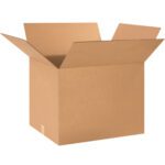 An open MH-USA 24 x 20 x 18 corrugated box from a bundle of 10 sits empty with its flaps extended outward against a plain white background, ready to be filled.