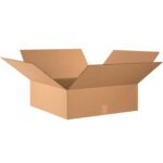 An open, empty brown MH-USA 24 x 20 x 8 flat corrugated box with flaps extended outward rests against a plain white background.