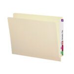 The Smead End Tab File Folder with colorful right-edge index tabs, featuring Shelf-Master® reinforced straight-cut tabs labeled with letters and names, in Manila is perfect for organizing.