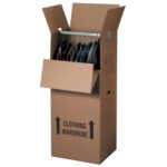 The MH-USA 24 x 22 x 60 wardrobe box, part of a convenient 5/Bundle, features open flaps revealing hanging clothes inside and is perfectly designed to transport clothing upright.