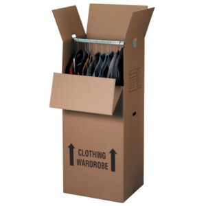 The MH-USA 24 x 22 x 60 wardrobe box, part of a convenient 5/Bundle, features open flaps revealing hanging clothes inside and is perfectly designed to transport clothing upright.