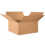 The MH-USA 24 x 24 x 12 Corrugated Box from a bundle of 10 is displayed open with flaps extended, empty against a white background, showcasing its robust shape and structure.