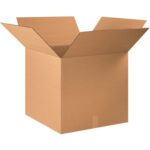 Open, empty cardboard box with flaps extended against a plain white background. This brown shipping or storage box is part of the MH-USA 24 x 24 x 22 Corrugated Boxes (10/Bundle).
