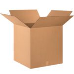 An open MH-USA 24 x 24 x 24 corrugated box from the 10/Bundle product set displays its flaps outward against a white background.