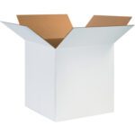 An open MH-USA 24 x 24 x 24 white corrugated box with outward flaps reveals a brown interior. Set against a white backdrop, these boxes, sold in bundles of ten, blend utility with style.