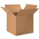 An open MH-USA 24 x 24 x 26 corrugated box with outward-flared flaps stands against a white backdrop. Made of standard brown cardboard, this empty box is ideal for diverse packaging needs and is available in bundles of ten.