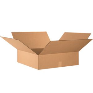 An open MH-USA 24 x 24 x 7 flat corrugated box with outward-flapped design set against a plain white background, highlighting its durable brown cardboard construction. Sold in bundles of ten.