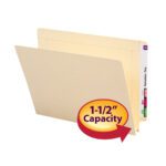 A beige Smead End Tab File Folder, size letter and reinforced with straight-cut tabs, is open to reveal manila tabs adorned with colored labels. A red and yellow oval highlights the 1-1/2 Expansion next to an arrow pointing at the folders open edge.