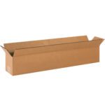 A 24 x 4 x 4 MH-USA long corrugated box with outward-folded flaps sits empty against a white background. Versatile and unmarked, it is perfect for all your packaging needs and comes in bundles of 25.