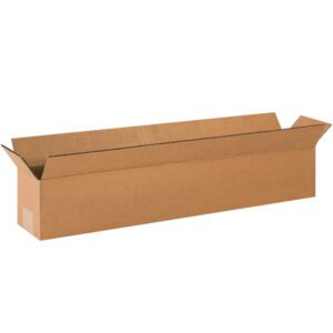 A 24 x 4 x 4 MH-USA long corrugated box with outward-folded flaps sits empty against a white background. Versatile and unmarked, it is perfect for all your packaging needs and comes in bundles of 25.