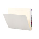 A partially open ivory Smead End Tab File Folder features colored labels on the reinforced straight-cut extended tab, with letters organized vertically along the right edge, contrasting vividly against the plain background. Available in sets of 100 per box (24509).