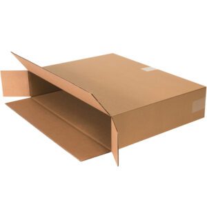 A large brown MH-USA 24 x 5 x 18” side loading box, partially open with flaps extended outward, lays flat against a plain white background, typical of those in the MH-USA side loading boxes bundle (25/Bundle).