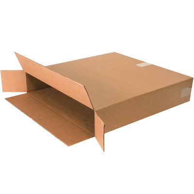 24524FOL.jpg A large, flat MH-USA 24 x 5 x 24 side loading box with outward flaps lies unassembled on a white surface, featuring two pieces of tape on its top flaps.