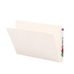 A Smead End Tab File Folder, legal size with a reinforced straight-cut tab on the right edge, displays Swanson, Troy and has purple, red, and green color-coded labels. The slightly open folder reveals its empty ivory interior.