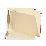 A Smead End Tab Fastener File Folder (24600) is partly open, showing dividers with colored and monthly tabs. Its empty on a white background, fitting the 50 per box specification to meet your organizational needs.