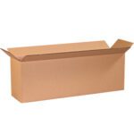 The unfilled MH-USA 24 x 6 x 8 Long Corrugated Box (25/Bundle) rests with its flaps open on a plain white background, highlighting its robust rectangular design.
