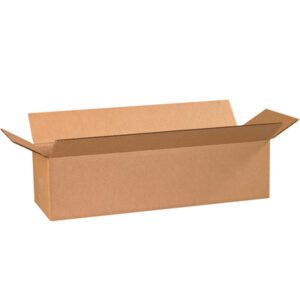 An open brown MH-USA 24 x 8 x 6 long corrugated box is shown with flaps extended outward against a white background, highlighting its sturdy structure. These boxes are commonly supplied in bundles of 25.