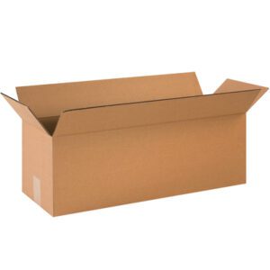 An open brown cardboard box from the MH-USA 24 x 8 x 8 Long Corrugated Boxes (25/Bundle) set, with flaps extended outward, stands upright against a white background, highlighting its rectangular shape.