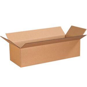 A long, open-flap rectangular cardboard box against a plain white background is a brown MH-USA 24 x 9 x 6 corrugated box, appearing empty and versatile. Sold in bundles of 25.