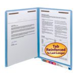 The Smead End Tab Fastener File Folder features 2 fasteners and includes two clipped documents inside. Its front has an oval sticker with Tab Reinforced To Last Longer in bold red and purple, while colorful tabs peek from the bottom. Available in sets of 50 per box (25040).