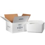 A white cardboard box marked Perishable with upward arrows sits next to a MH-USA 17 x 17 x 9 Insulated Shipping Kit against a plain white backdrop.
