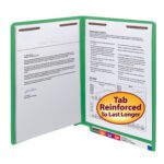 A green Smead WaterShed?/CutLess? End Tab Fastener Folder (25150) organizes documents with metal fasteners. A right-side label reads Reinforced Straight-Cut Tab, while colored tabs help maintain letter-size order.