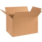 An open MH-USA 25 x 16 x 16 corrugated box extends its flaps outward, showcasing its pristine light brown exterior against a plain white backdrop. Its part of the MH-USA Corrugated Boxes (10/Bundle), with no visible markings or labels, reflecting bundle-ready condition.