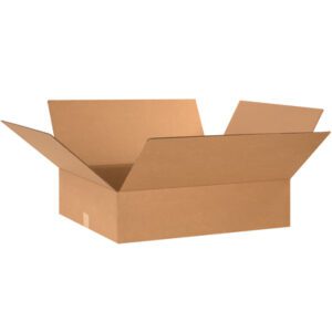 An MH-USA 25 1/4 x 23 x 5 corrugated box from the bundle stands open with flaps up, showing its plain brown interior and exterior.