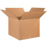 The MH-USA 25 x 25 x 20 corrugated box, with open flaps on a white background, is empty and light brown. Ideal for shipping or storage, its perfect for organizing and transporting essentials.