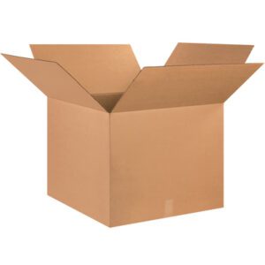 The MH-USA 25 x 25 x 20 corrugated box, with open flaps on a white background, is empty and light brown. Ideal for shipping or storage, its perfect for organizing and transporting essentials.