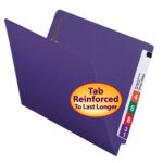 The letter-size purple Smead Colored End Tab Fastener Folder (25440) features a reinforced straight-cut tab with numbered colored labels (4, 6, 8, 31) on the side and an oval sticker stating Tab Reinforced To Last Longer, available in a pack of 50.