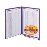 An open Smead WaterShed?/CutLess? End Tab Fastener Folder in purple displays two pages with a product list table. A yellow tag stating Reinforced To Last Longer is on the front, and colored tabs line the bottom edge.