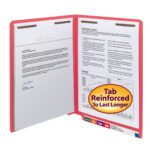 A red Smead End Tab Fastener File Folder with a Shelf-Master? reinforced straight-cut tab is open, displaying documents. Tab Reinforced To Last Longer is highlighted, and it features two metal fasteners at the top to secure papers inside.