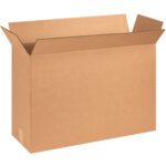 An open MH-USA 25 1/8 x 8 3/8 x 17 1/2 corrugated box is shown upright with flaps outspread against a white backdrop, highlighting its brown material and rectangular shape as part of a high-quality bundle (15/Bundle).