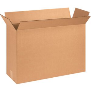 An open MH-USA 25 1/8 x 8 3/8 x 17 1/2 corrugated box is shown upright with flaps outspread against a white backdrop, highlighting its brown material and rectangular shape as part of a high-quality bundle (15/Bundle).