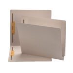 Three open Smead End Tab Fastener File Folders (25849) with metal fasteners are displayed, two upright and one flat, showcasing empty interiors against a white background. These folders have 2 fasteners and durable Shelf-Master Reinforced Straight-Cut Tabs.