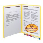 A yellow Smead WaterShed/CutLess end tab fastener folder containing documents with text and tables, featuring a text bubble on the cover stating Tab Reinforced To Last Longer in red and yellow. The color-coded reinforced straight-cut tabs are numbered, and each box contains 50 folders (25950).