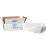 An upright open white cardboard box labeled Perishable sits next to a clear lid container, both part of the MH-USA 19 1/2 x 11 1/2 x 4 1/8 Insulated Shipping Kit, against a stark white background. Instructions on the box advise keeping it upright. Both are empty.