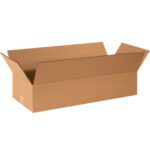 An empty yet sturdy MH-USA 26 x 10 x 4 flat corrugated box stands upright on a white background. Ideal for packing or shipping, these long, rectangular boxes with open flaps come in bundles of 25.