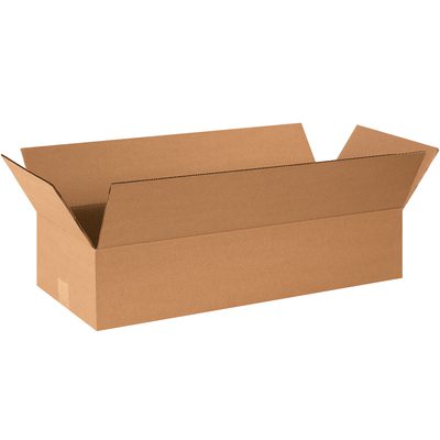 26104.jpg An empty yet sturdy MH-USA 26 x 10 x 4 flat corrugated box stands upright on a white background. Ideal for packing or shipping, these long, rectangular boxes with open flaps come in bundles of 25.