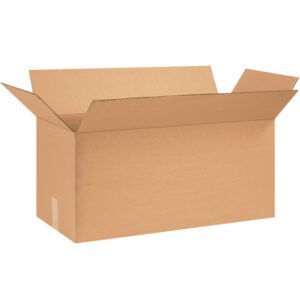 An open MH-USA 26 x 12 x 12 long corrugated box with unfolded flaps stands against a white background, showcasing its brown textured surface. Sold in bundles of 20, its ideal for storage or shipping and offers efficiency and versatility.