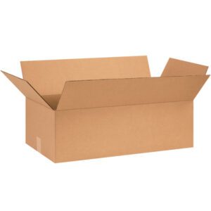 An open brown cardboard box with extended flaps sits empty against a white background, showcasing the strength and reliability of MH-USA 26 x 13 x 8 Corrugated Boxes (20/Bundle).